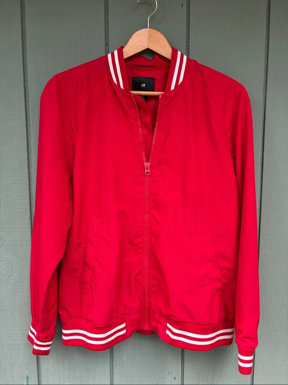 H&M Red Bomber Jacket with White Stripe Trim